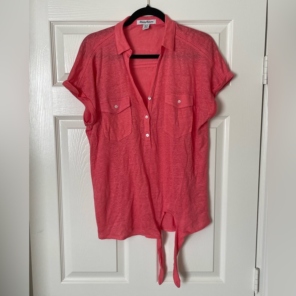 TOMMY BAHAMA  100% Linen Tie-Front Sunset Button Down Shirt Womens Medium Coral